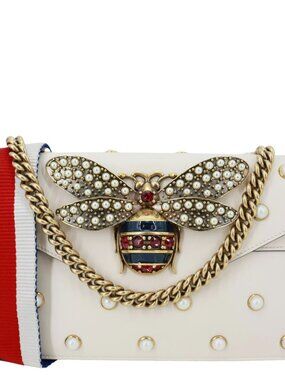 Gucci  Broadway Pearl Bee Mini Leather Shoulder Bag White 453778